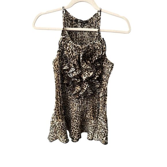 Womens Ruffle Camisole Top Small Animal Print Leopard Front Keyhole Pleated Y2K - Picture 1 of 9